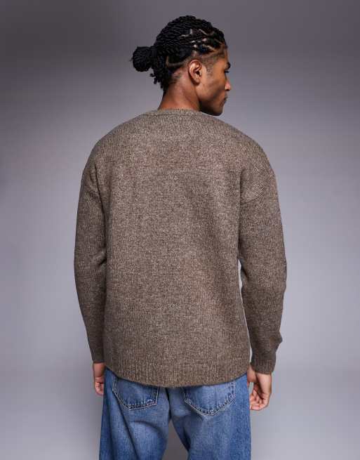 ASOS DESIGN - Ruimvallende gebreide trui met ronde hals in gemêleerd bruin, 3 van 5