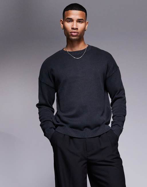 ASOS DESIGN - Ruimvallende gebreide trui met ronde hals in zwart met wassing 