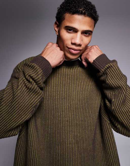 ASOS DESIGN - Ruimvallende gebreide trui met verschillende ribbels in kakibruin