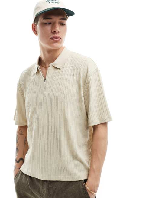 ASOS DESIGN - Ruimvallende geribbelde polo met rits in stone 
