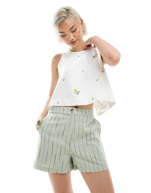 ASOS DESIGN - Ruimvallende gestreepte short van linnenmix in saliegroen, 3 van 5
