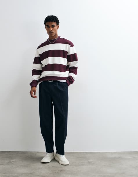 ASOS DESIGN ruimvallende gestreepte trui met ronde hals in pruim en wit - view 1