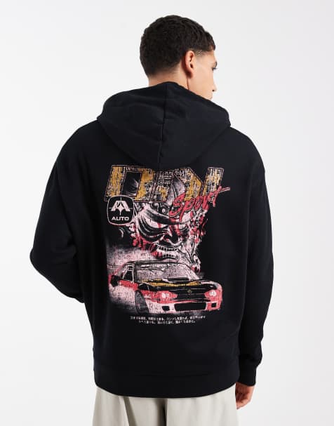 ASOS DESIGN - Ruimvallende hoodie met autoprint in zwart - view 1