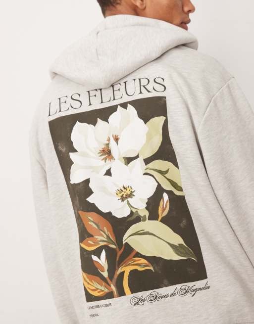 ASOS DESIGN - Ruimvallende hoodie met bloemenprint in grijs, 5 van 5