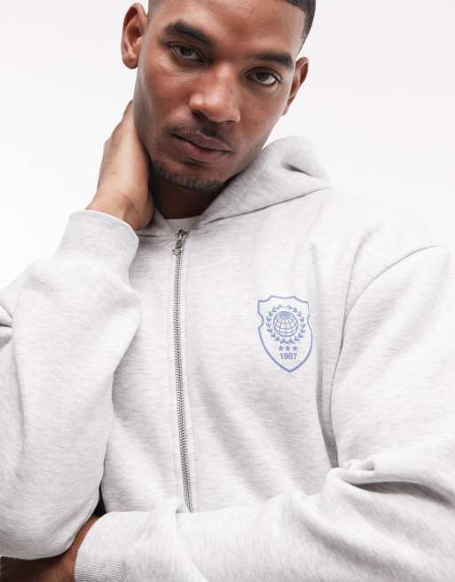 ASOS DESIGN - Ruimvallende hoodie met rits en tekstprint in gemêleerd grijs, 2 van 5