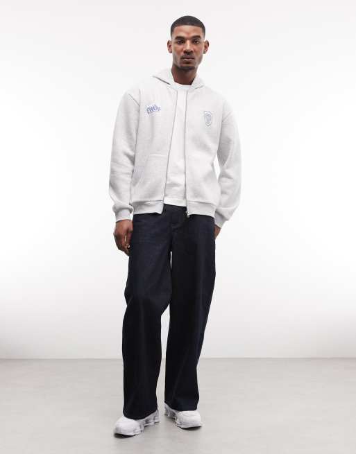 ASOS DESIGN - Ruimvallende hoodie met rits en tekstprint in gemêleerd grijs, 3 van 5