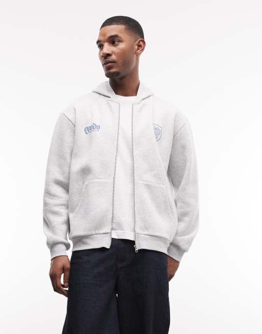 ASOS DESIGN - Ruimvallende hoodie met rits en tekstprint in gemêleerd grijs, 4 van 5