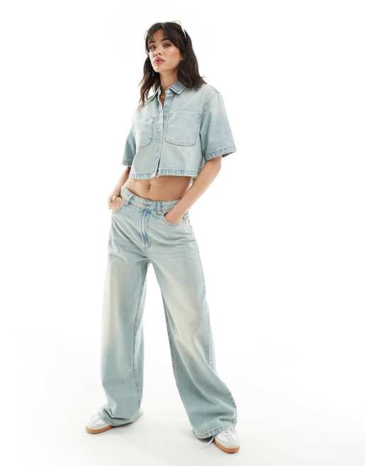 ASOS DESIGN - Ruimvallende jeans met wijde pijpen in blauw met vintage wassing, deel van co-ord set 