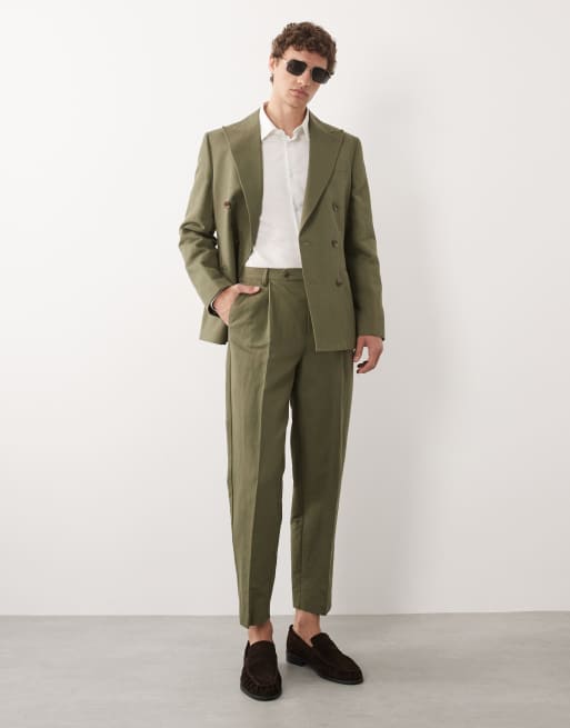 ASOS DESIGN - Slim-fit double-breasted pak van linnenmix in donker olijfgroen, 2 van 3