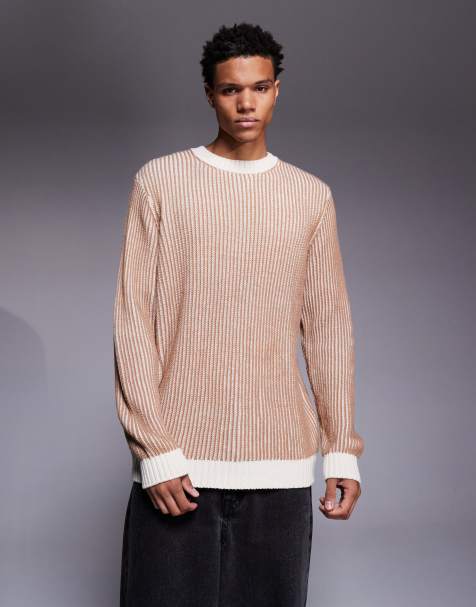 ASOS DESIGN - Ruimvallende met twee kleuren ribgebreide trui met ronde hals in stone - view 1
