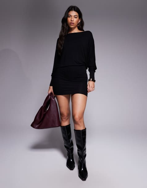 ASOS DESIGN - Ruimvallende midi-jurk met afhangende schouder en vleermuismouwen in zwart - view 1