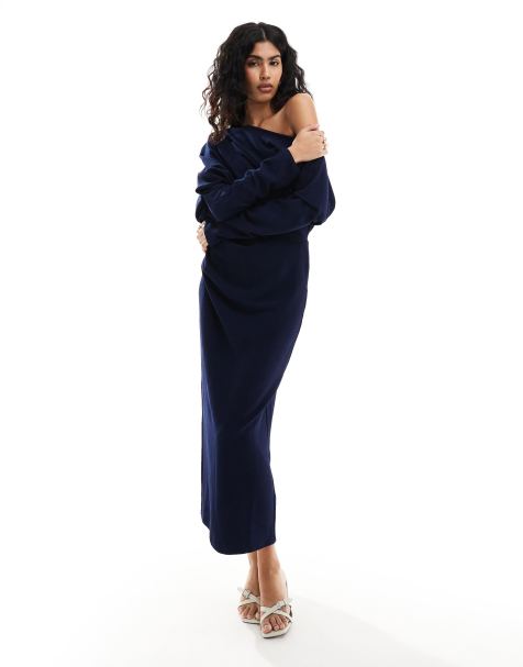 ASOS DESIGN - Ruimvallende midi jurk met afhangende schouder in donkerblauw - view 1