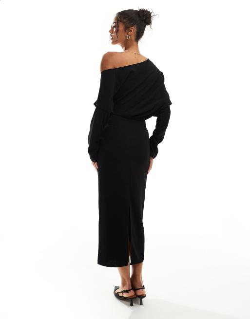 ASOS DESIGN - Ruimvallende midi-jurk met afhangende schouder in zwart, 3 van 4