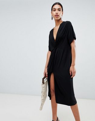 ASOS DESIGN - Ruimvallende midi-jurk met knoop aan de voorkant-Zwart