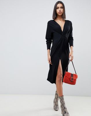 ASOS DESIGN - Ruimvallende midi-jurk met lange mouwen en geknoopte voorkant-Zwart