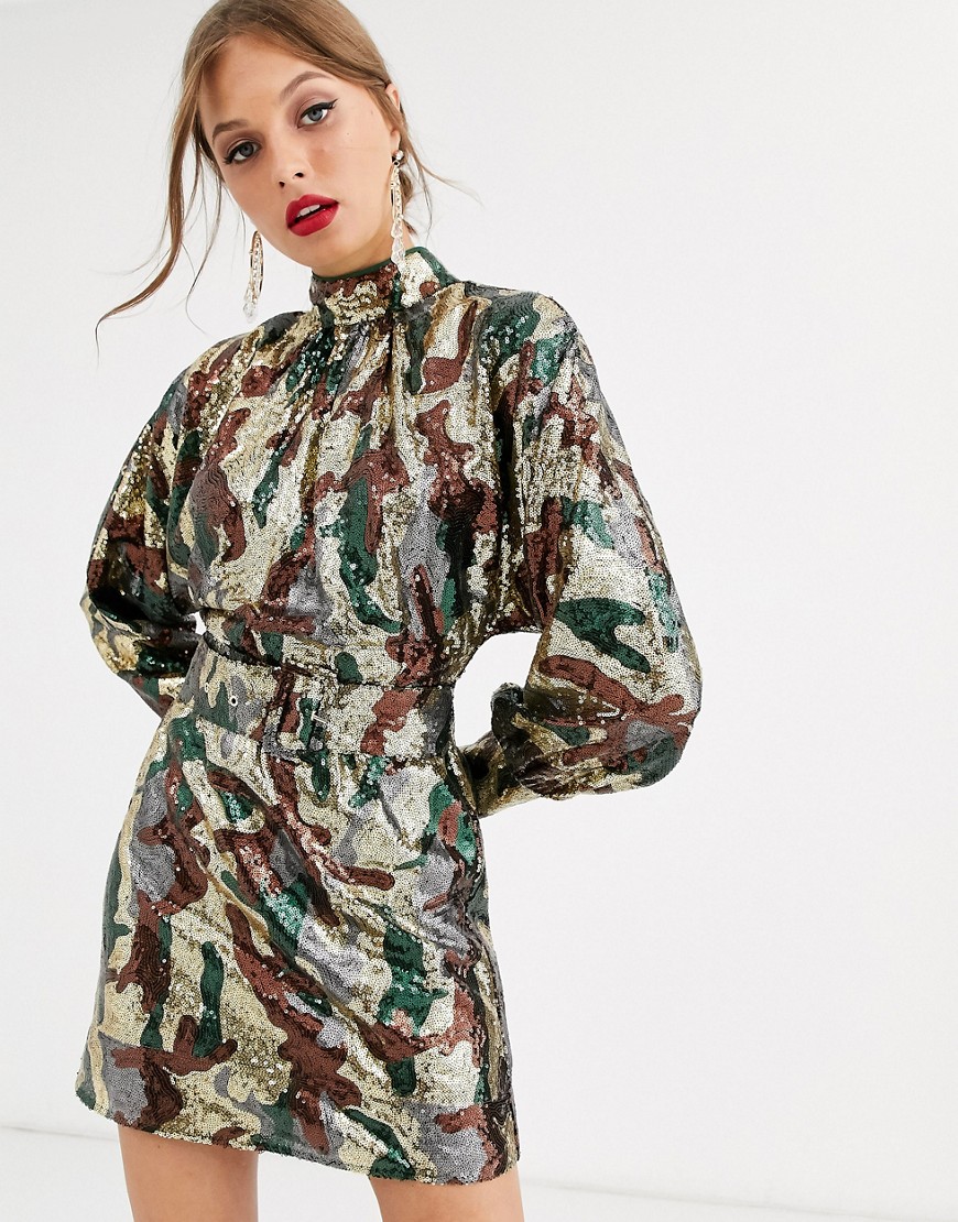 ASOS DESIGN - Ruimvallende mini-jurk met riem, camouflageprint en lovertjes-Multi