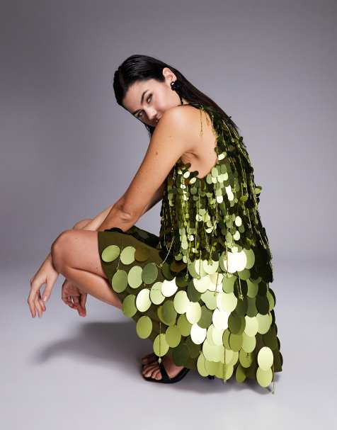 ASOS DESIGN - Ruimvallende mini-jurk met verlaagde taille en oversized lovertjes in groen - view 1