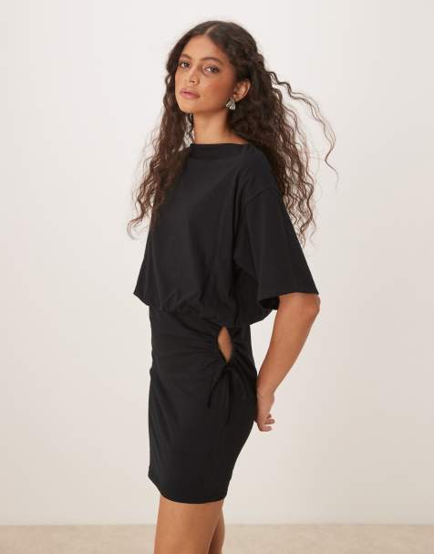 ASOS DESIGN - Ruimvallende mini T-shirtjurk met rimpeleffect in zwart - view 1