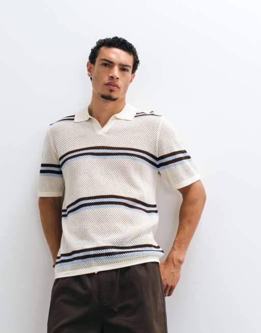 ASOS DESIGN ruimvallende open gebreide gestreepte top met inkeping in de hals in blauw, 2 van 6