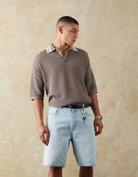ASOS DESIGN - Ruimvallende opengebreide polo met rechte pasvorm en gekleurd randje op de kraag in bruin - view 1