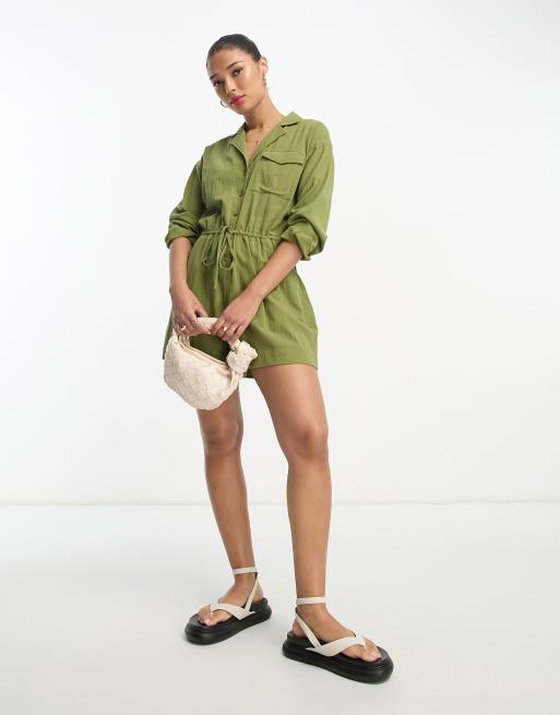 ASOS DESIGN - Ruimvallende overhemd-playsuit met lange mouwen en linnenlook in olijfgroen