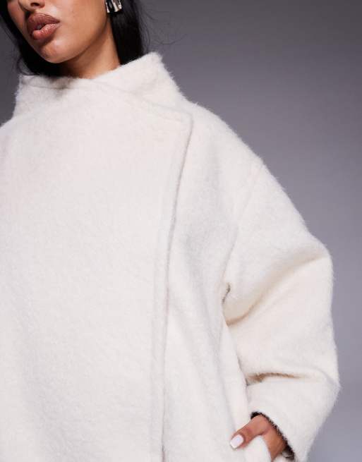 ASOS DESIGN - Ruimvallende pea coat met asymmetrische kraag in crème, 3 van 4