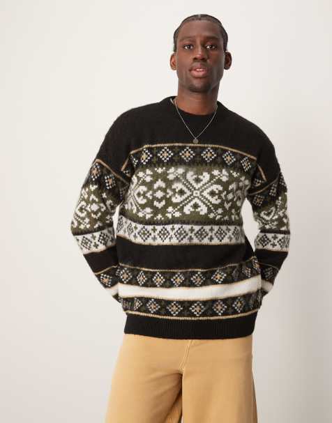 ASOS DESIGN - Ruimvallende, pluizig gebreide trui met ronde hals en Fair Isle-patroon in zwart - view 1