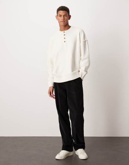 ASOS DESIGN - Ruimvallende pluizige gebreide henley trui in ecru, 2 van 5