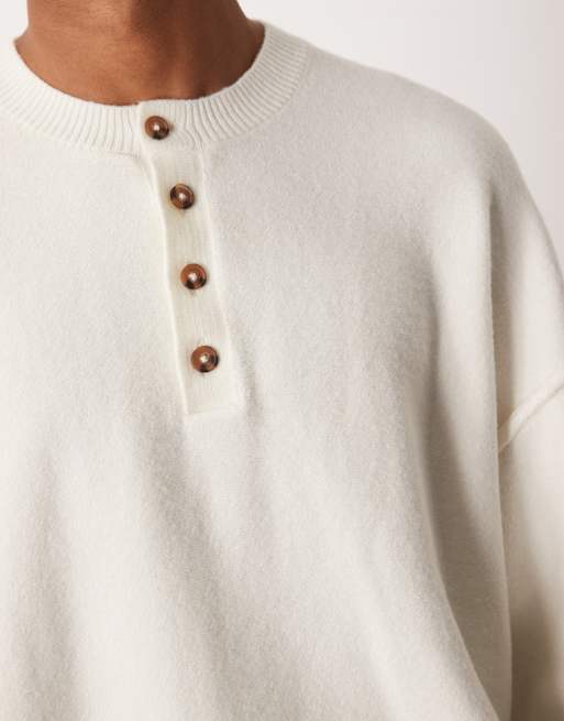 ASOS DESIGN - Ruimvallende pluizige gebreide henley trui in ecru, 5 van 5