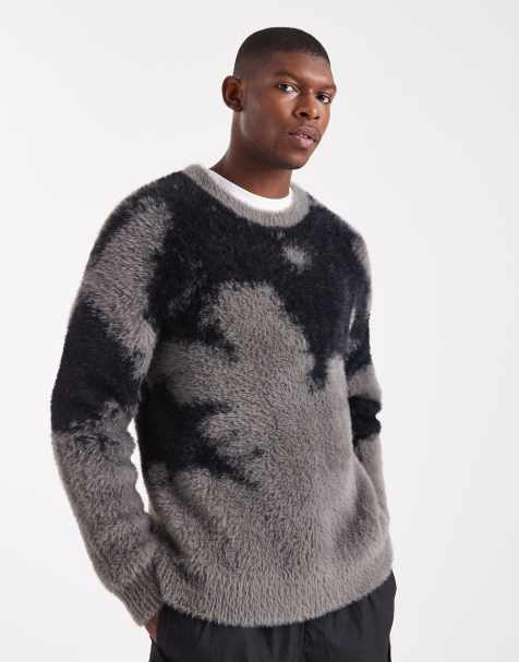 ASOS DESIGN - Ruimvallende pluizige gebreide trui met abstracte print in zwart en grijs - view 1