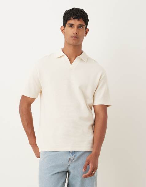 ASOS DESIGN - Ruimvallende polo van wafelstof met revers in crème - view 1
