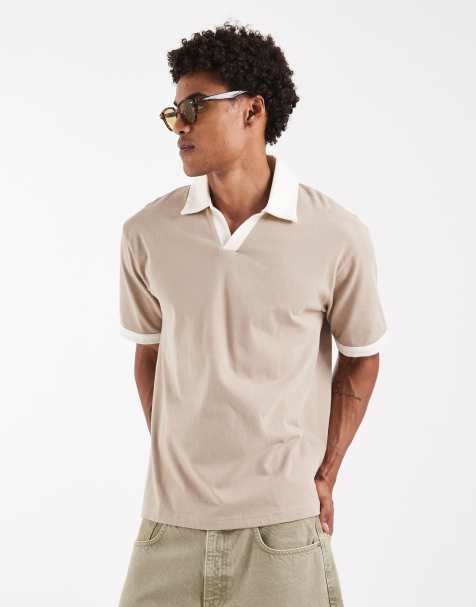 ASOS DESIGN - Ruimvallende polo van zware stof met inkeping en contrasterende kraag in beige - view 1