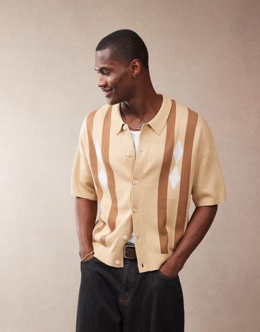 ASOS DESIGN - Ruimvallende rechte gebreide polo met knoopsluiting en argylepatroon in beige