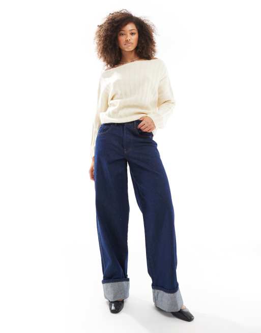 ASOS DESIGN - Ruimvallende ribgebreide trui met blote schouder in crème, 3 van 4