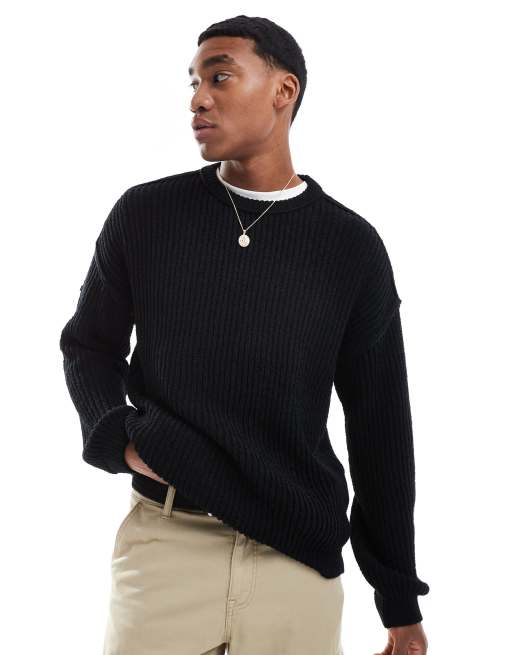 ASOS DESIGN - Ruimvallende ribgebreide trui van chenille met ronde hals in zwart