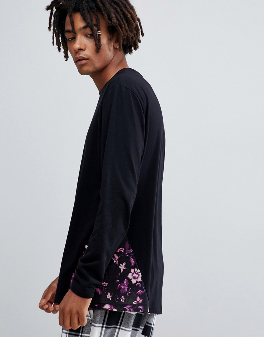 ASOS Design - Ruimvallende T-shirt met lange mouwen en paneel met bloemenprint-Zwart