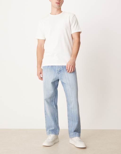 ASOS DESIGN - Ruimvallende toelopende gestreepte jeans in lichte wassing blauw, 3 van 5