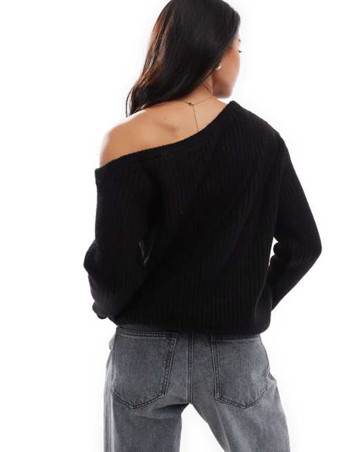 ASOS DESIGN - Ruimvallende trui met blote schouder in zwart, 4 van 4