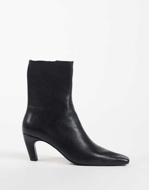 ASOS DESIGN Rumi enkellaarzen van echt leer met hak, ongevoerd, zwart - view 1