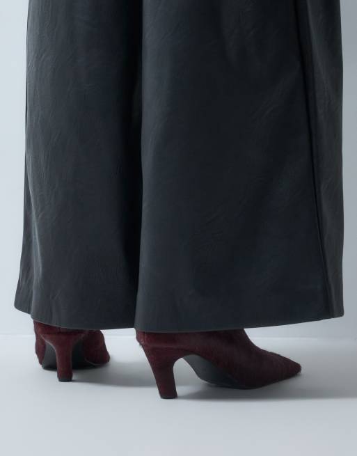 ASOS DESIGN Rumi hair on real leather heeled ankle boots in burgundy, 5 of 5