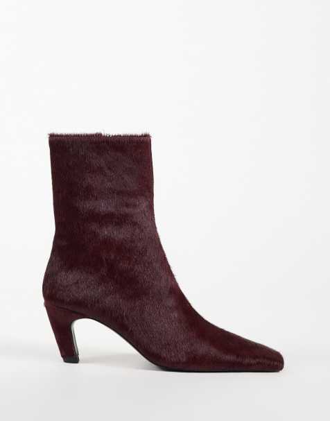 ASOS DESIGN Rumi leather square toe heeled ankle boots in burgundy hair on real leather - view 1