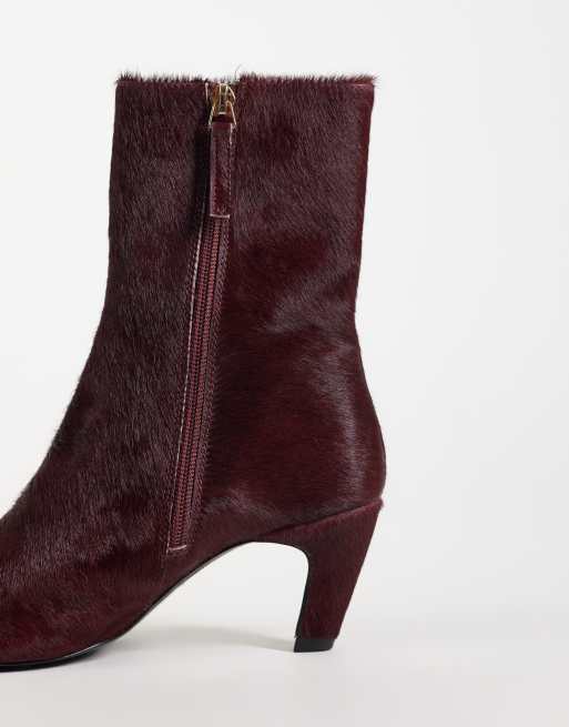 ASOS DESIGN Rumi leather square toe heeled ankle boots in burgundy hair on real leather, 3 of 4