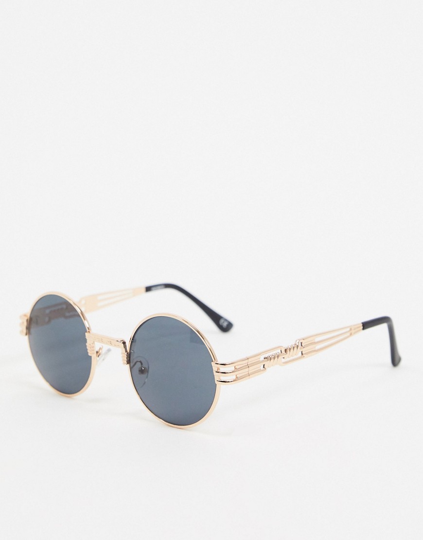 ASOS DESIGN – Runda solglasögon i guldfärgad metall med näsbrygga och skalmdetalj