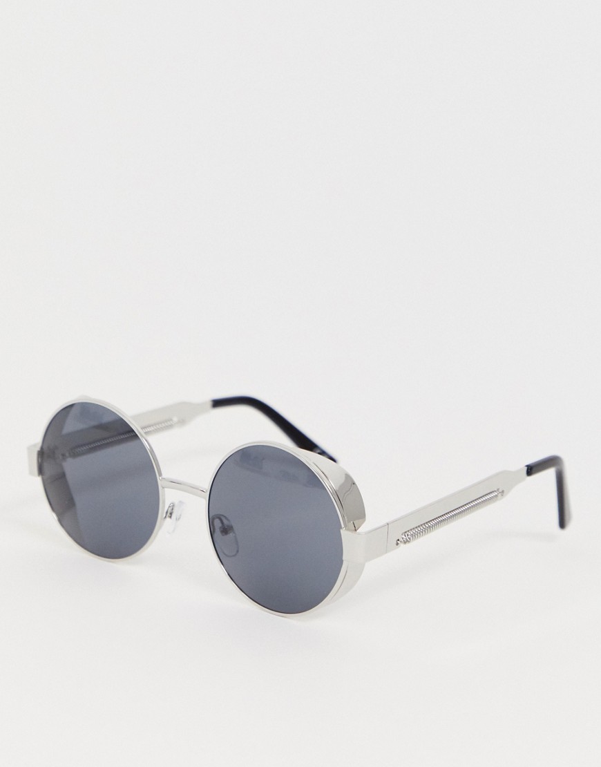 ASOS DESIGN – Runda solglasögon med silvriga sidor och fjäderdetalj-Silver