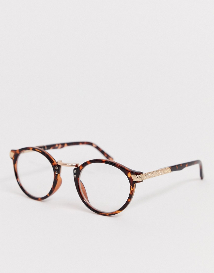 ASOS DESIGN - Runda vintageglasögon med genomskinliga glas och sköldpaddsmönstrade bågar-Brun