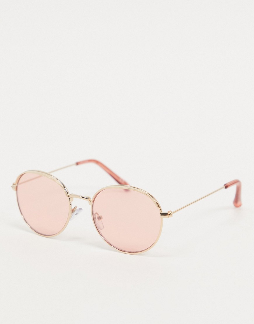 ASOS DESIGN - Runde, guldfarvede solbriller med lyserøde glas-Pink