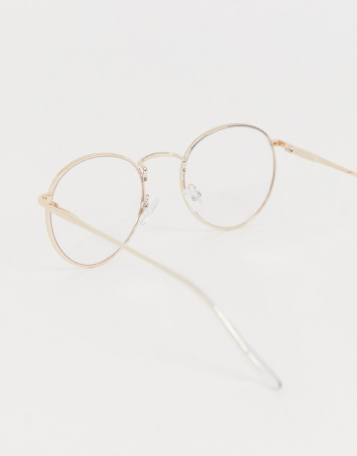 ASOS DESIGN – Runde Metall-Sonnenbrille im 90er-Stil in Gold mit klaren Gläsern, 4 von 4