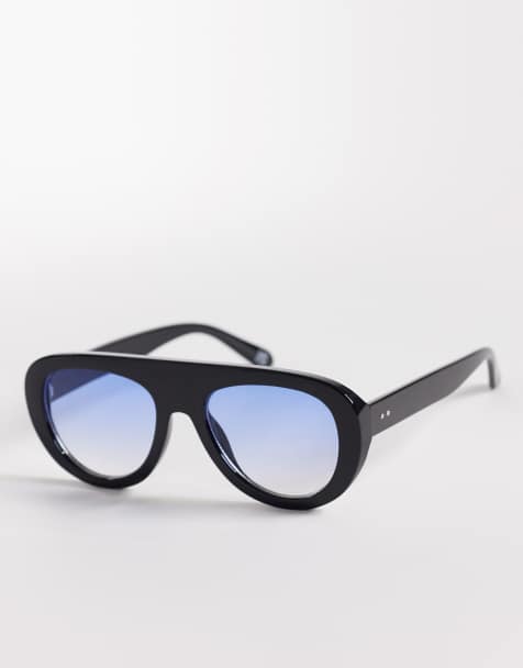 ASOS DESIGN – Runde Pilotensonnenbrille in Schwarz mit blauen Gläsern - view 1