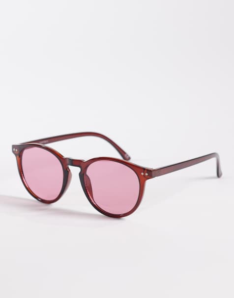ASOS DESIGN – Runde Sonnenbrille mit burgunderrotem Gestell und rosa Gläsern - view 1