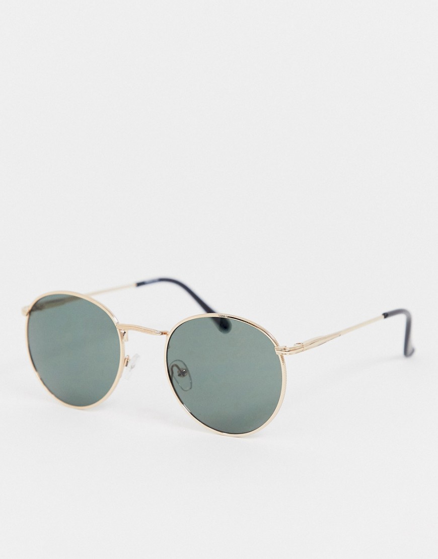 asos design -  – Runde Sonnenbrille mit Metallgestell in Goldoptik & auffälligem Nasensteg
